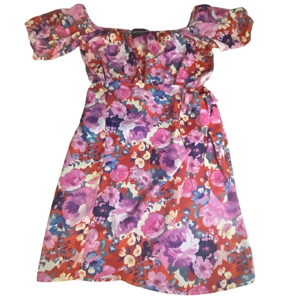 Kittenish Floral Off-Shoulder Puff Sleeve Mini Dress - Size Large